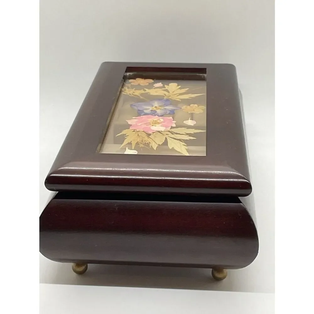 Vintage Bombay Company Floral Inlay Wooden Music Box - Plays Love story